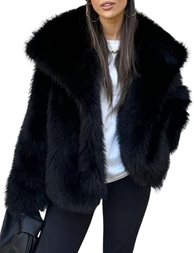 Yimoon Women's Cropped Faux Fur Jacket Lapel Open Front Shaggy
